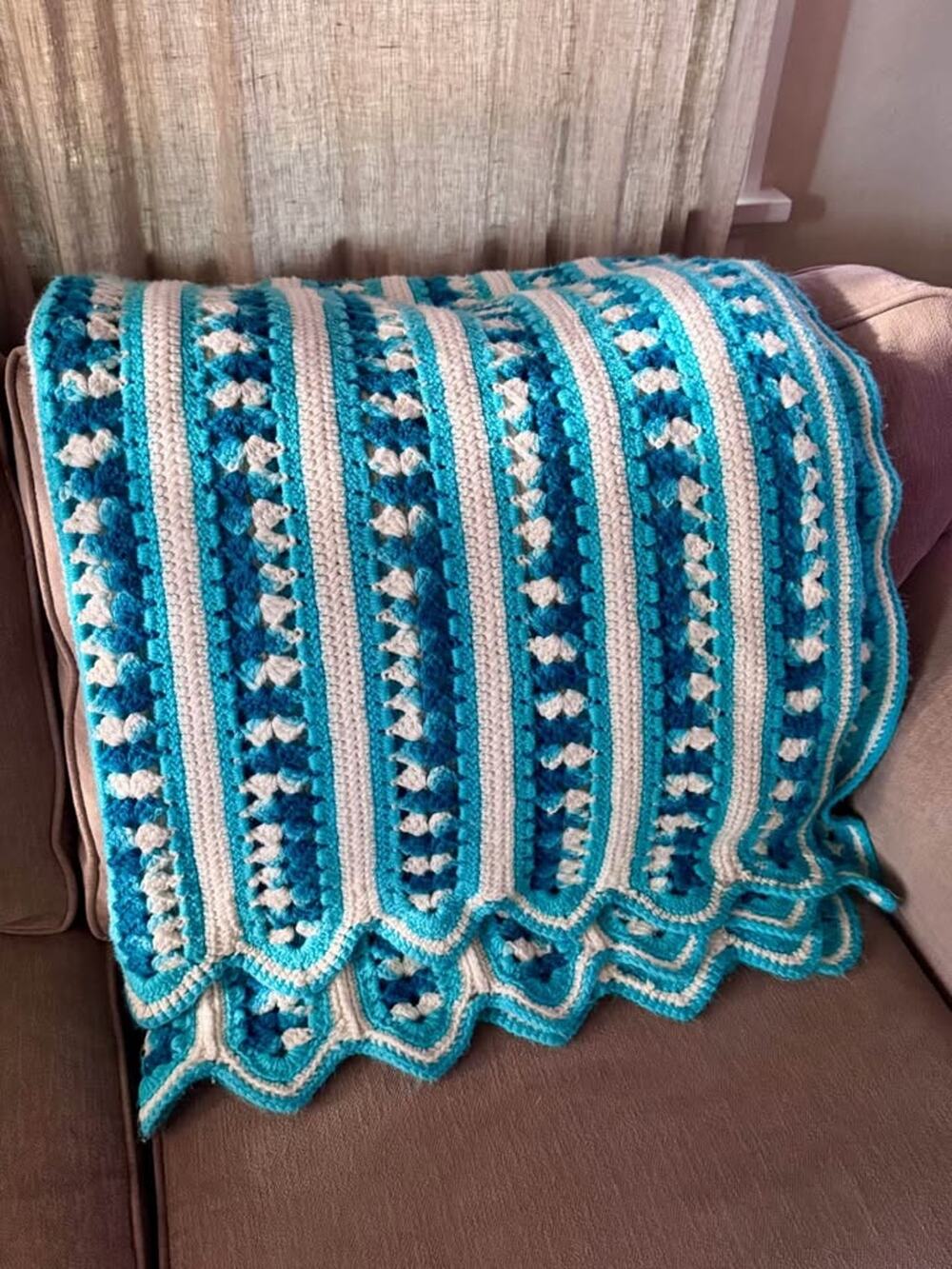 Vintage Handmade Crochet Afghan Blanket Blue White Stripe Throw Scalloped 60x30